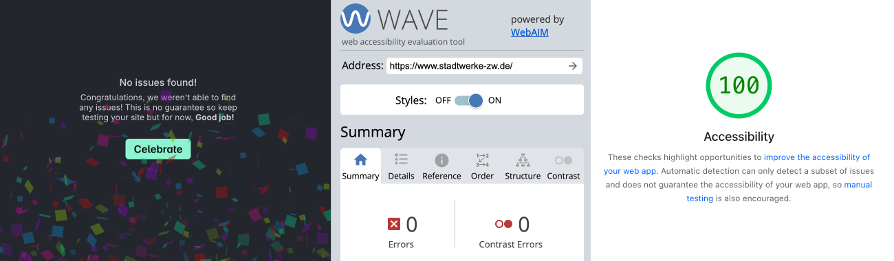 Various web accessibility testing tools showing no errors found