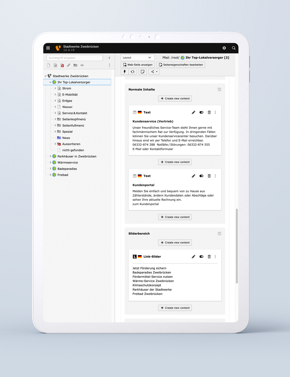 Tablet view of the TYPO3 backend with page tree and content elements