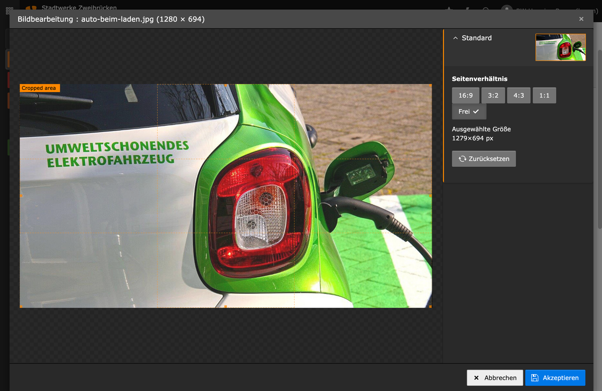 The TYPO3 backend allows cropping of images to specific, predefined aspect ratios.