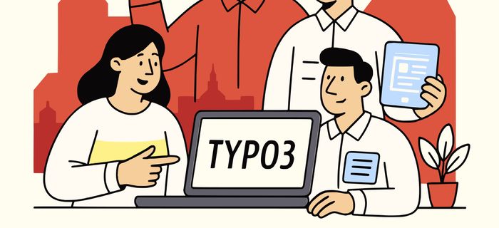Gruppe von Personen die sich um einen Laptop versammelt hat auf dessen Bildschirm TYPO3 geschrieben steht.
