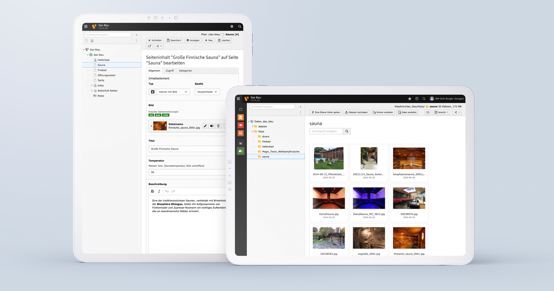 TYPO3 Backend mit speziell entwickelten Content-Elementen für Das Blau Website