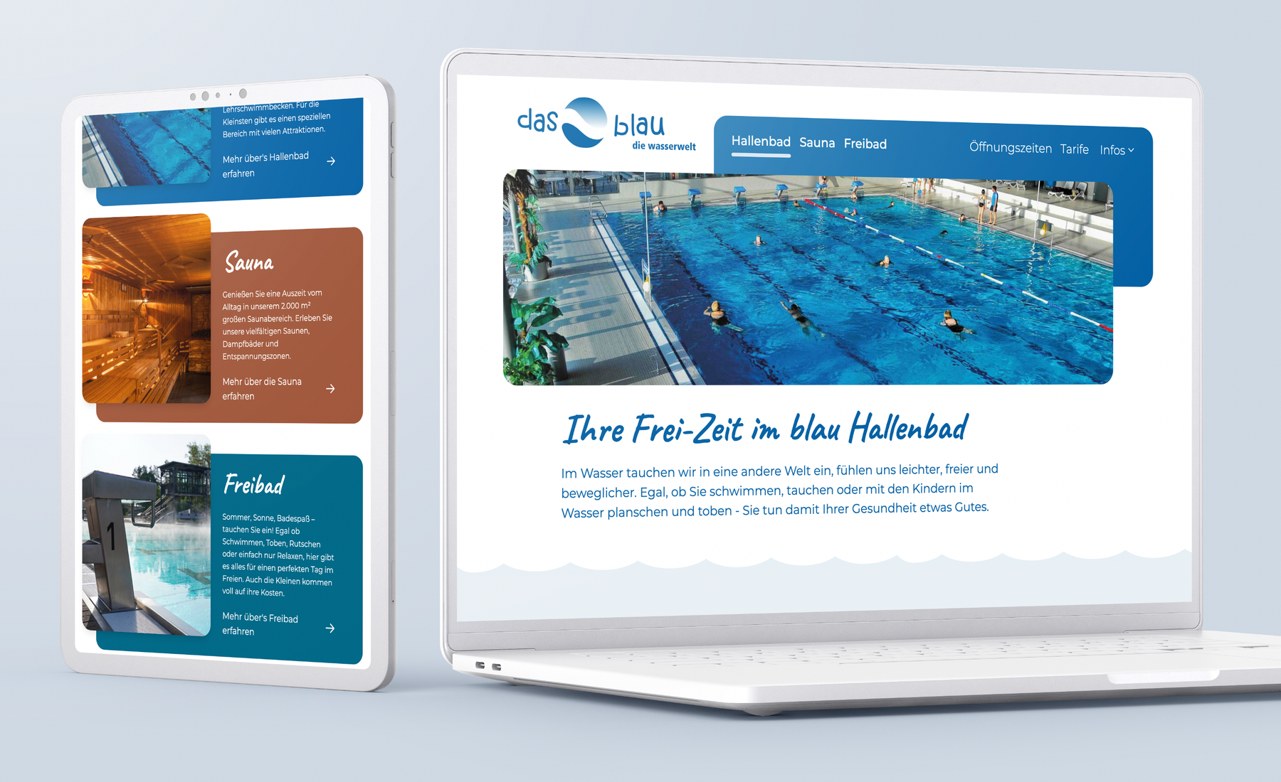 Ein Laptop und ein Tablet zeigen das Webdesign des Freizeit-Bades 'das blau' aus St. Ingbert.
