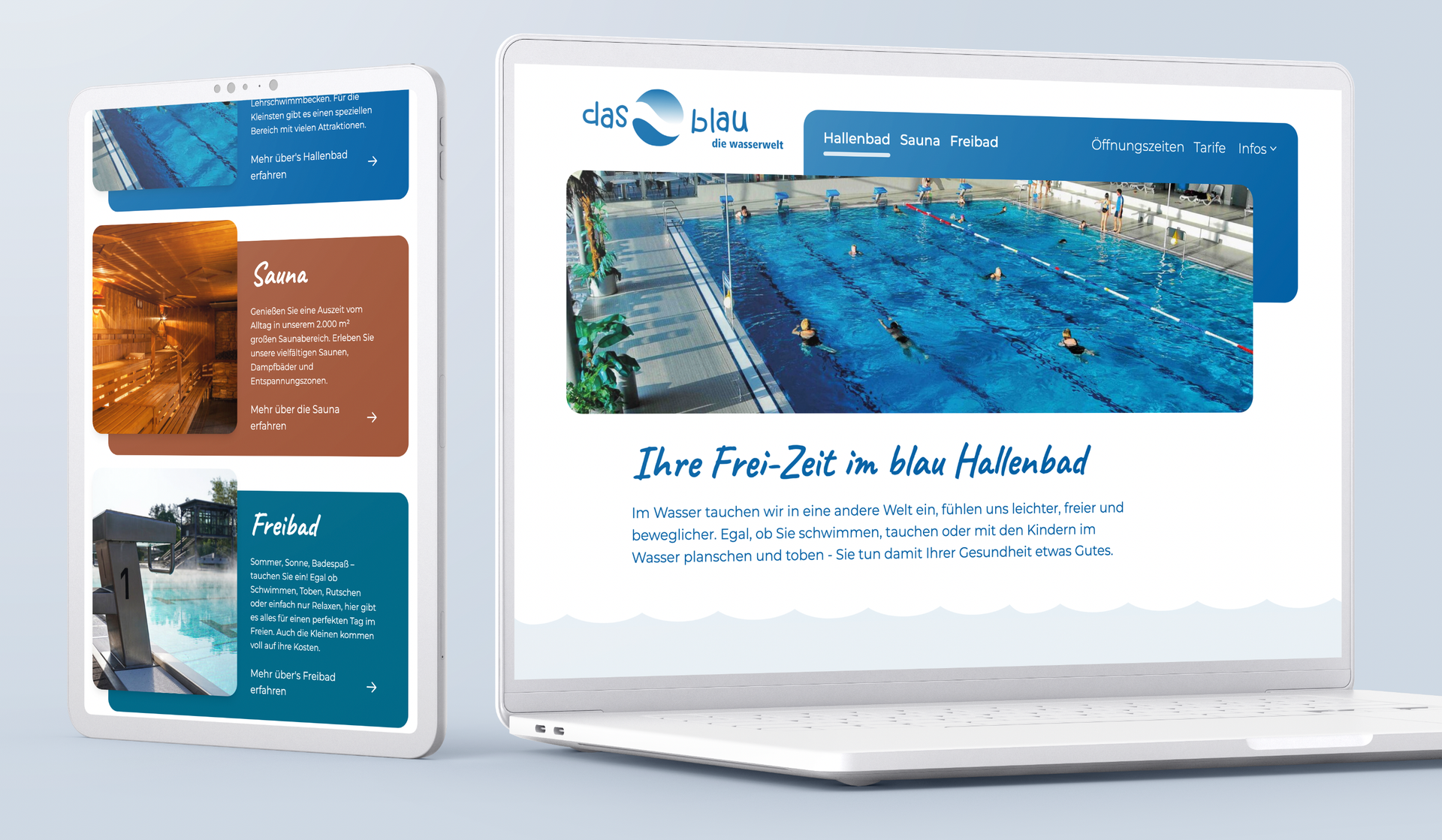 Das Blau Website auf Tablet und Laptop - responsive Homepage mit klarem Design
