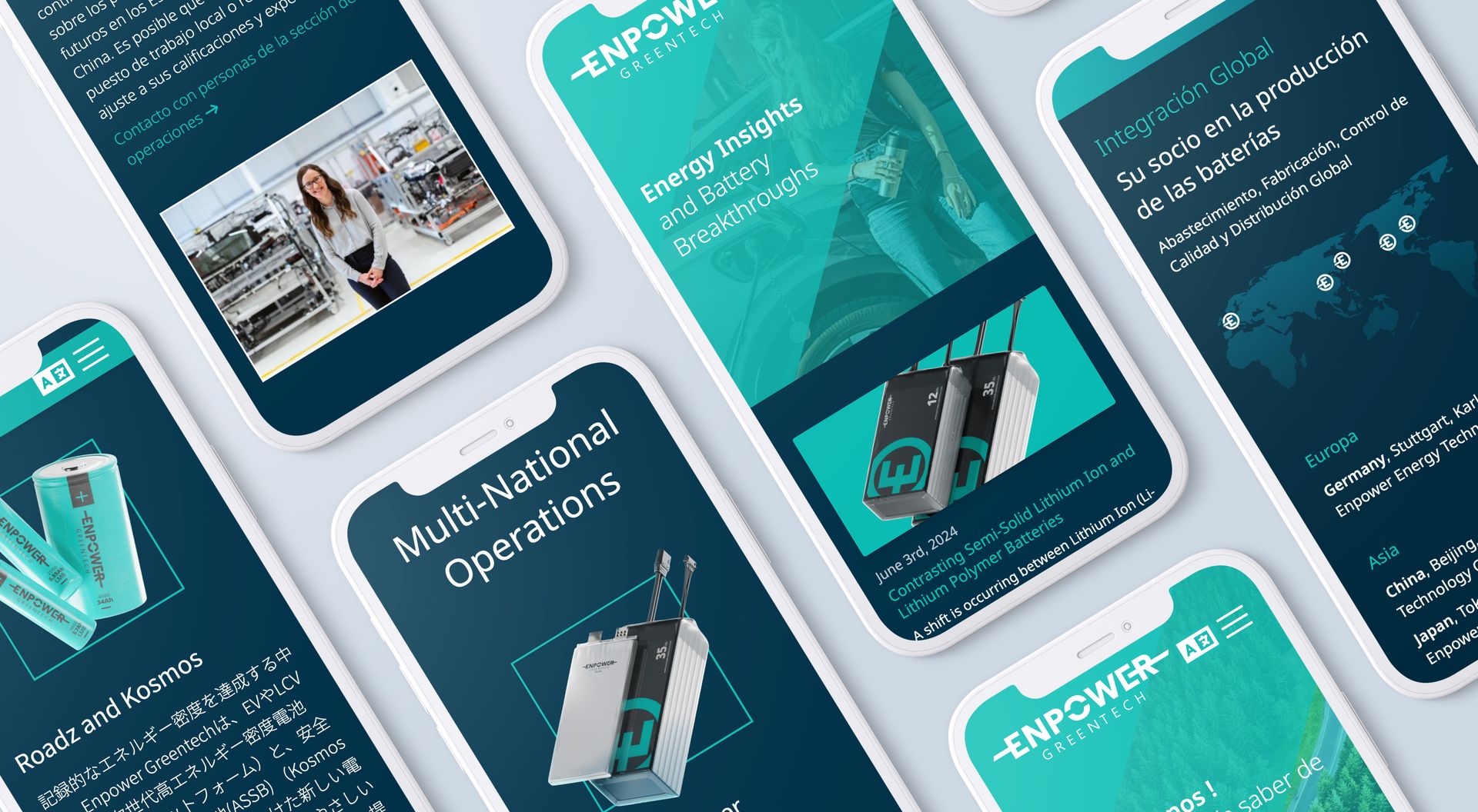 Six smartphone views of the Enpower website in English, Japanese and Spanish