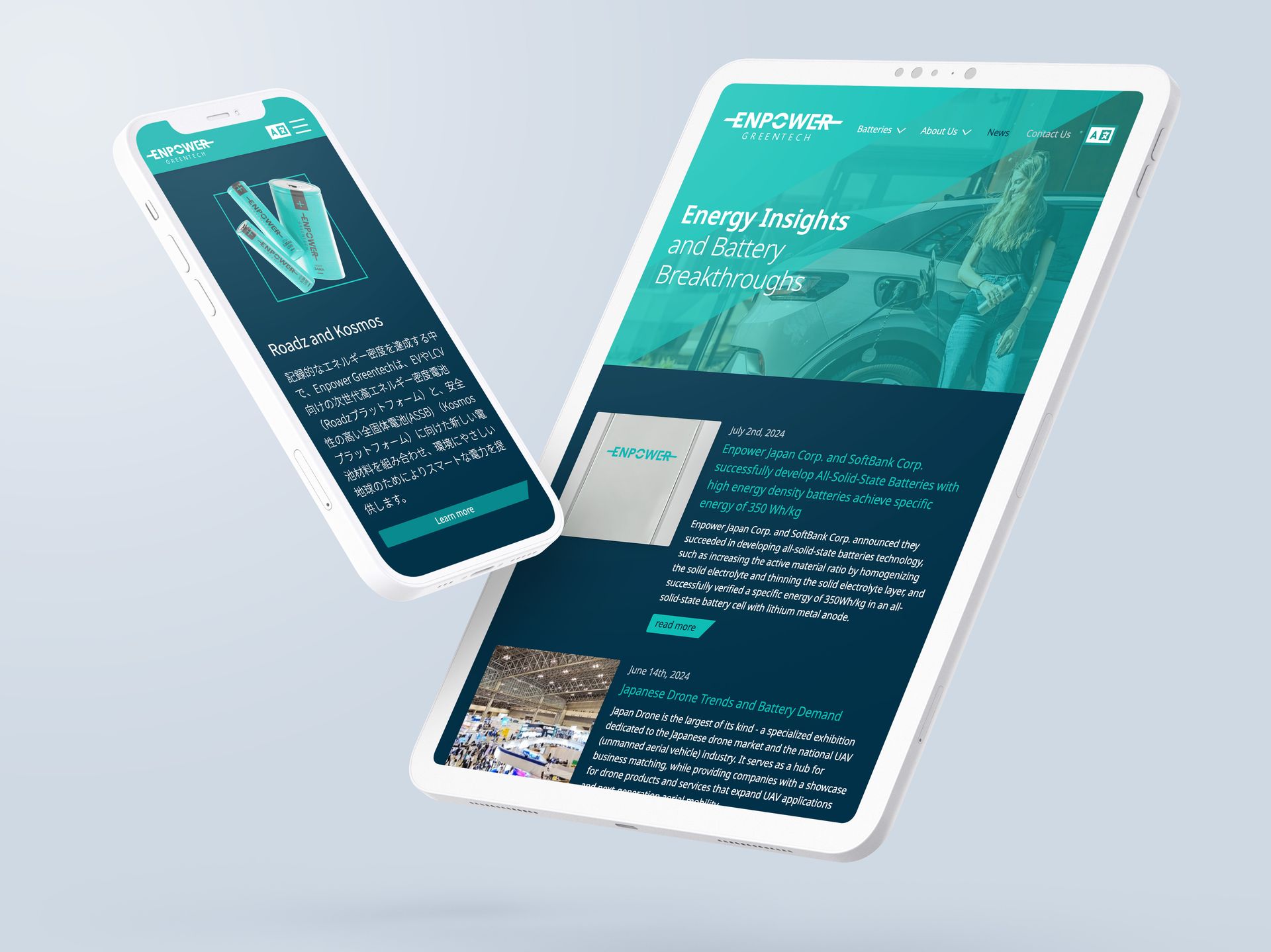 Enpower Greentech website on smartphone and tablet: Japanese product page and English news page