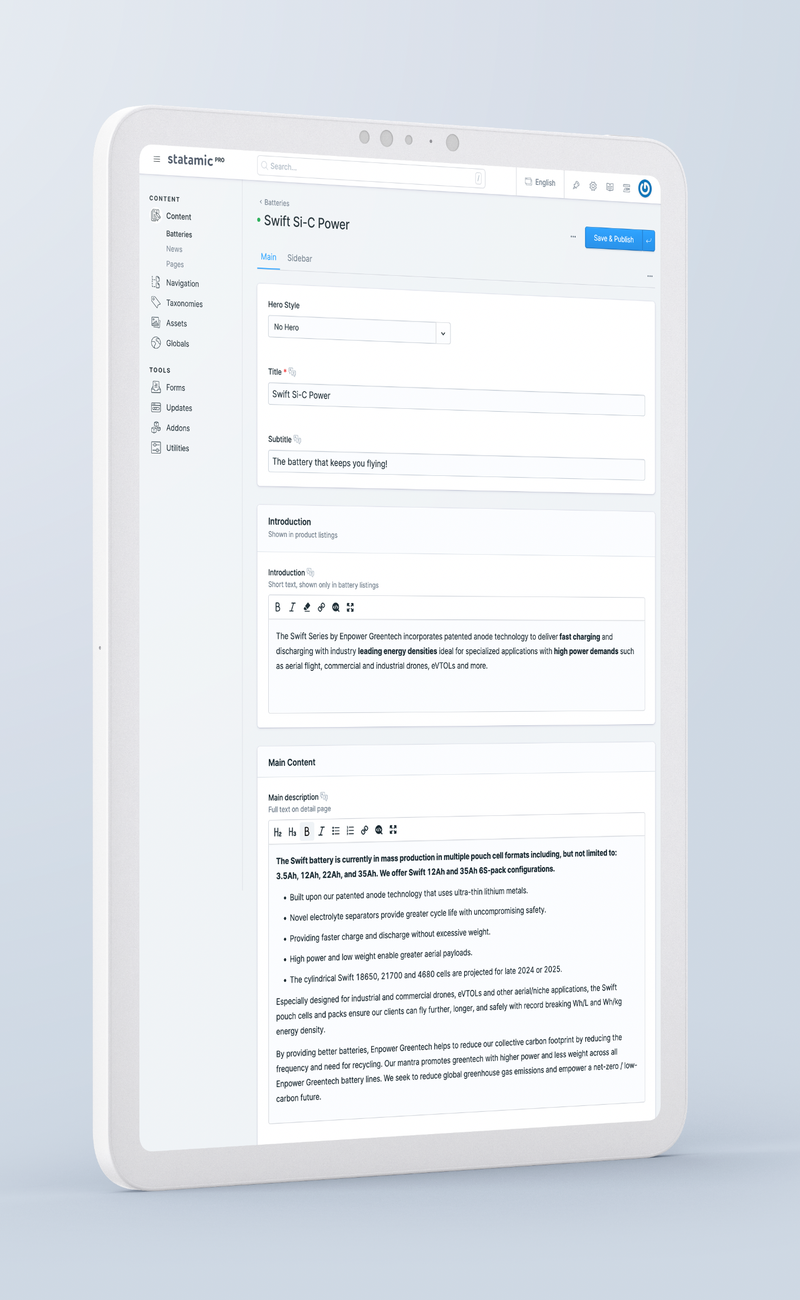 Statamic control panel on a tablet: editing the Swift Si-C Power battery product