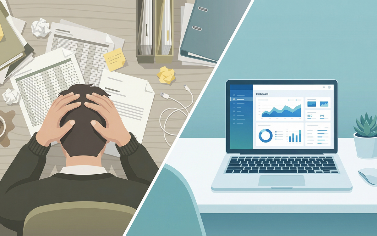 Illustration: Chaotische Spreadsheets auf der linken Seite verwandeln sich in eine aufgeräumte Web-App auf der rechten Seite