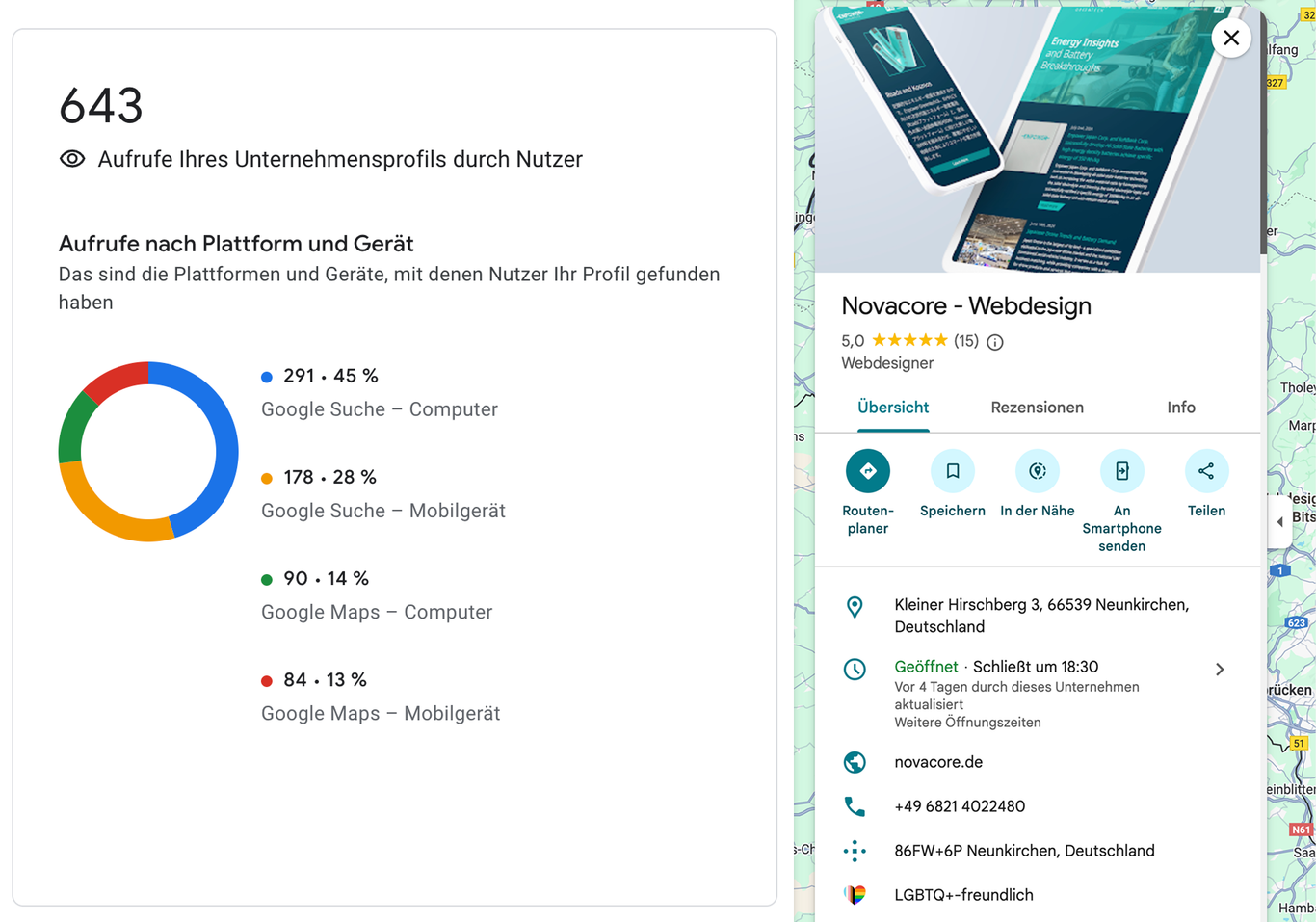 Google Local Pack Beispiel mit drei lokalen Unternehmen in der Kartenansicht