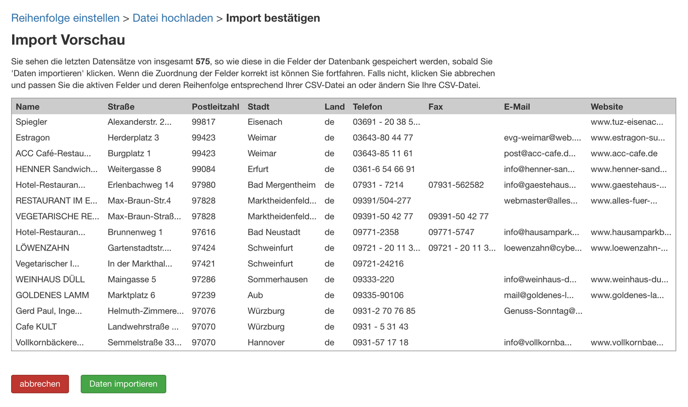 CSV-Import-Vorschau mit Filialdaten vor dem Import
