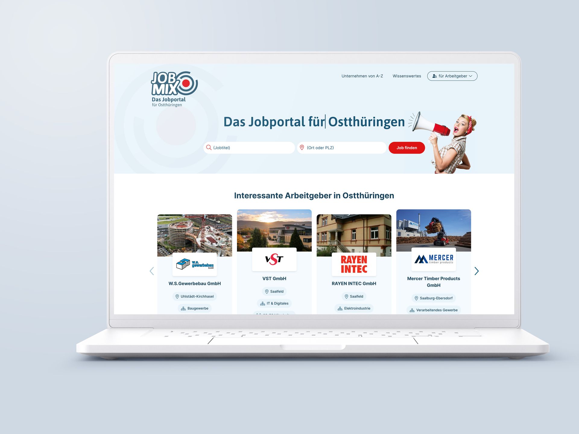 JobMix homepage on a laptop with job search and featured employers in East Thuringia