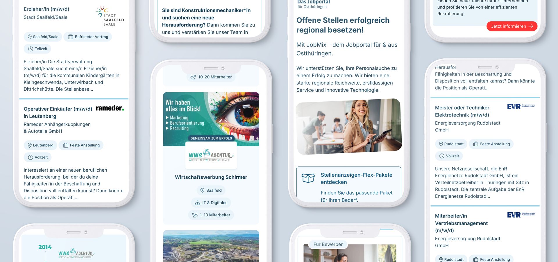 Six smartphone views of JobMix: job listings, company profiles and employer section