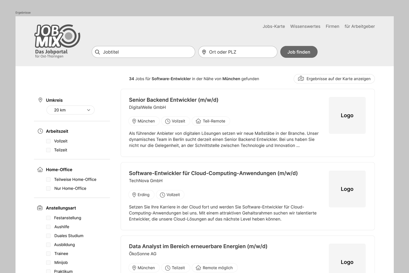Wireframe of the JobMix search results page with filters and job listings