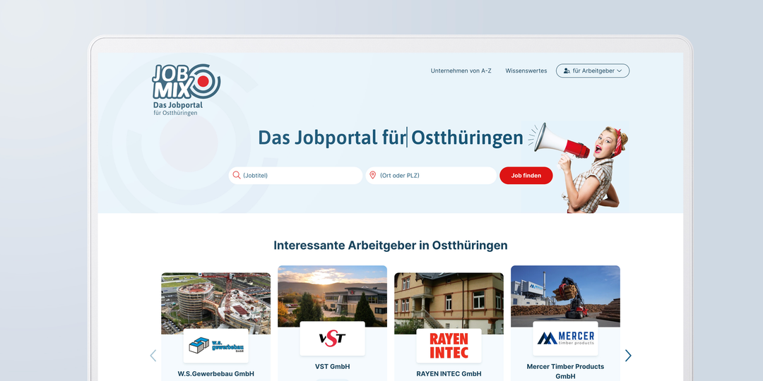JobMix job portal for East Thuringia on a laptop: homepage with job search and employer overview