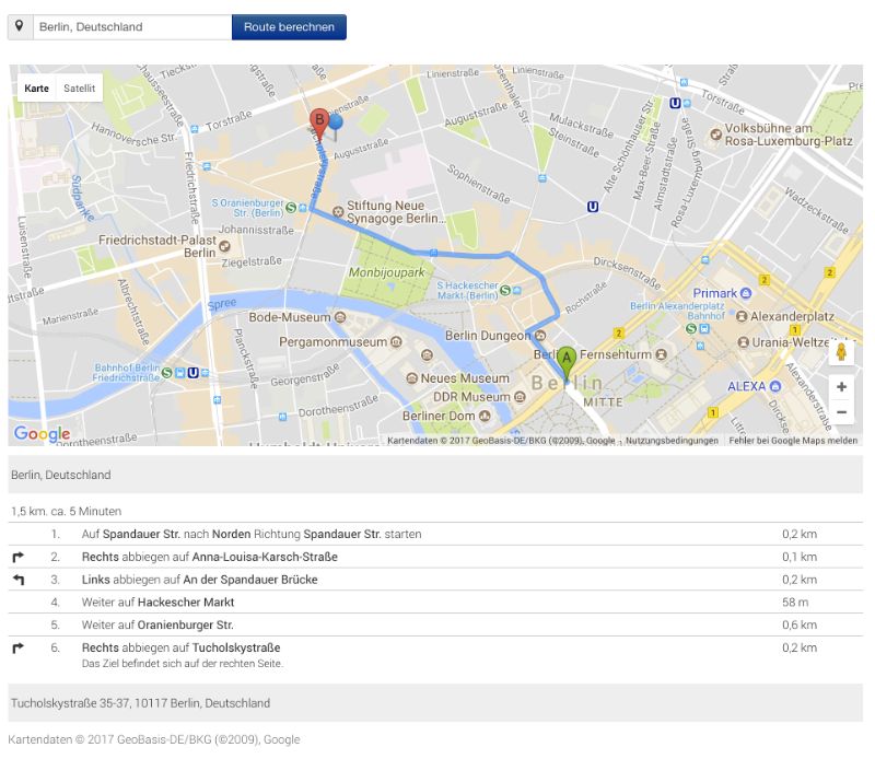 Routenplaner mit Karte und Wegbeschreibung zu einer Filiale