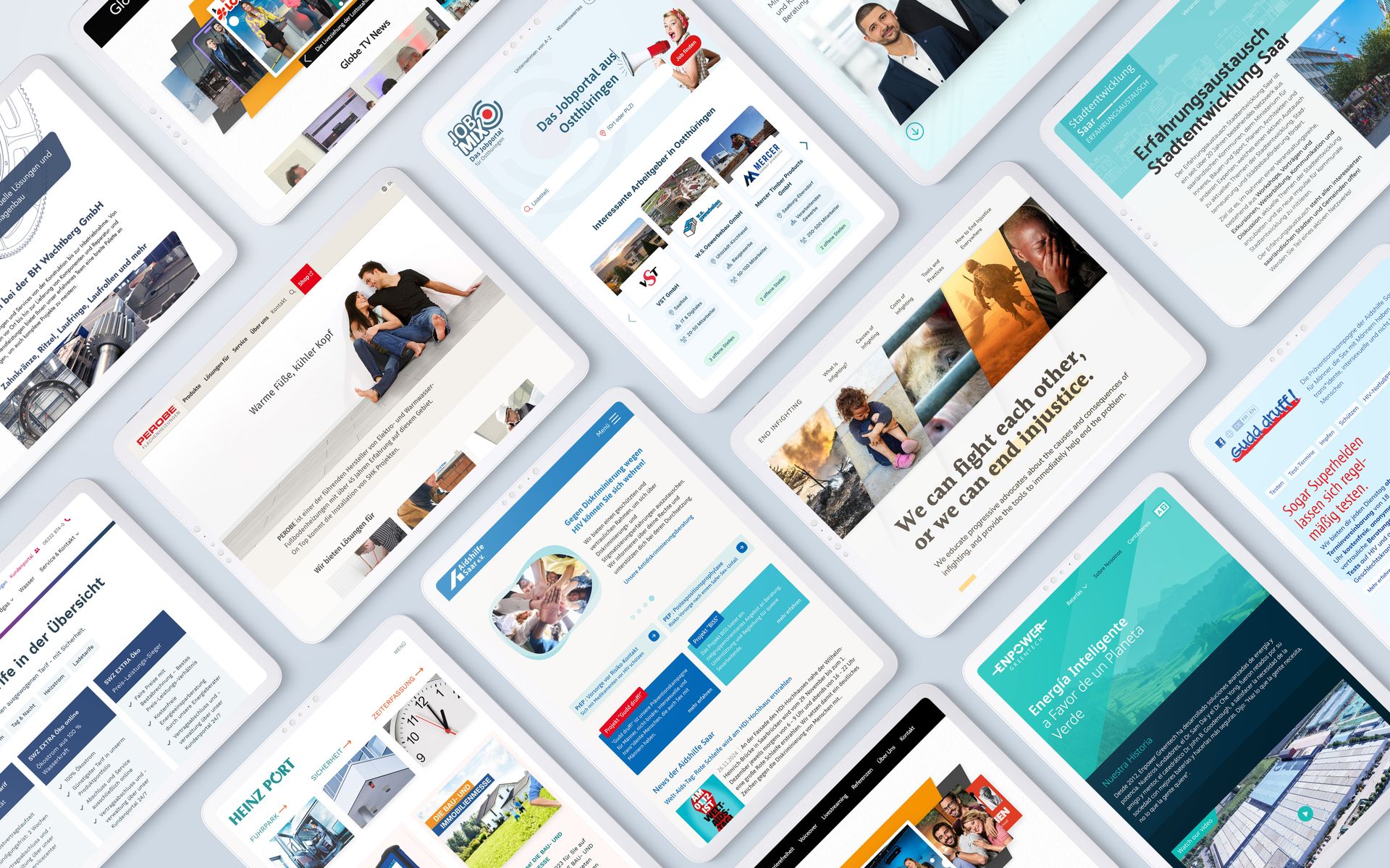 Collage of tablets showing websites by Novacore clients, including Globe TV, JobMix, Aidshilfe Saar, Enpower and Stadtwerke Zweibrücken