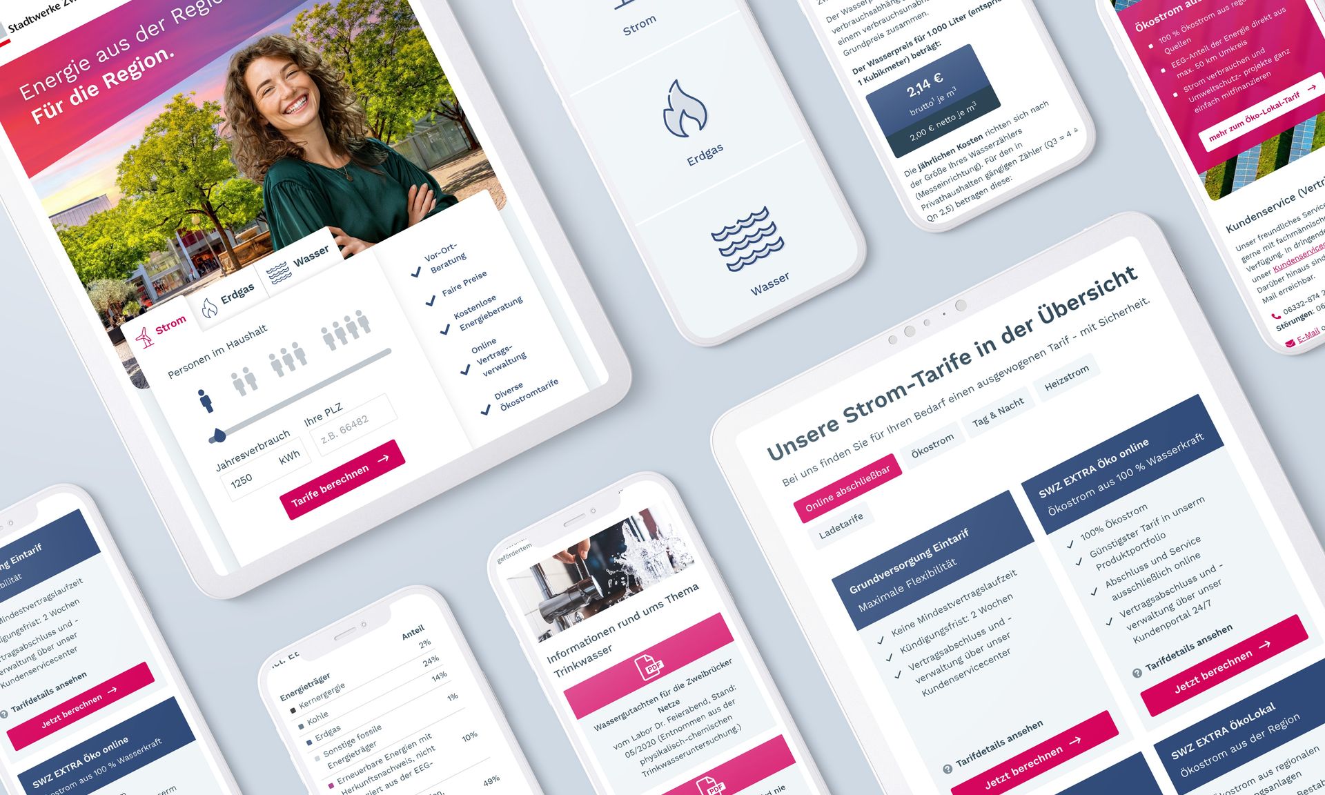 Tablet and smartphone views of the Stadtwerke website, including the homepage with tariff calculator and the tariff overview page.