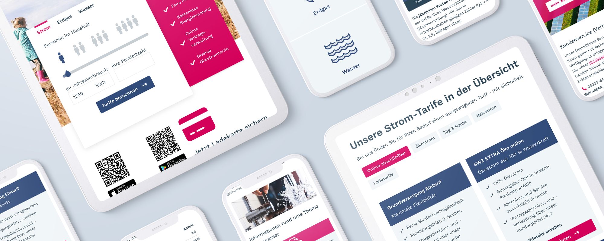 Tablet- und Smartphone Ansichten verschiedener Unterseiten der Stadtwerke Zweibrücken Website.