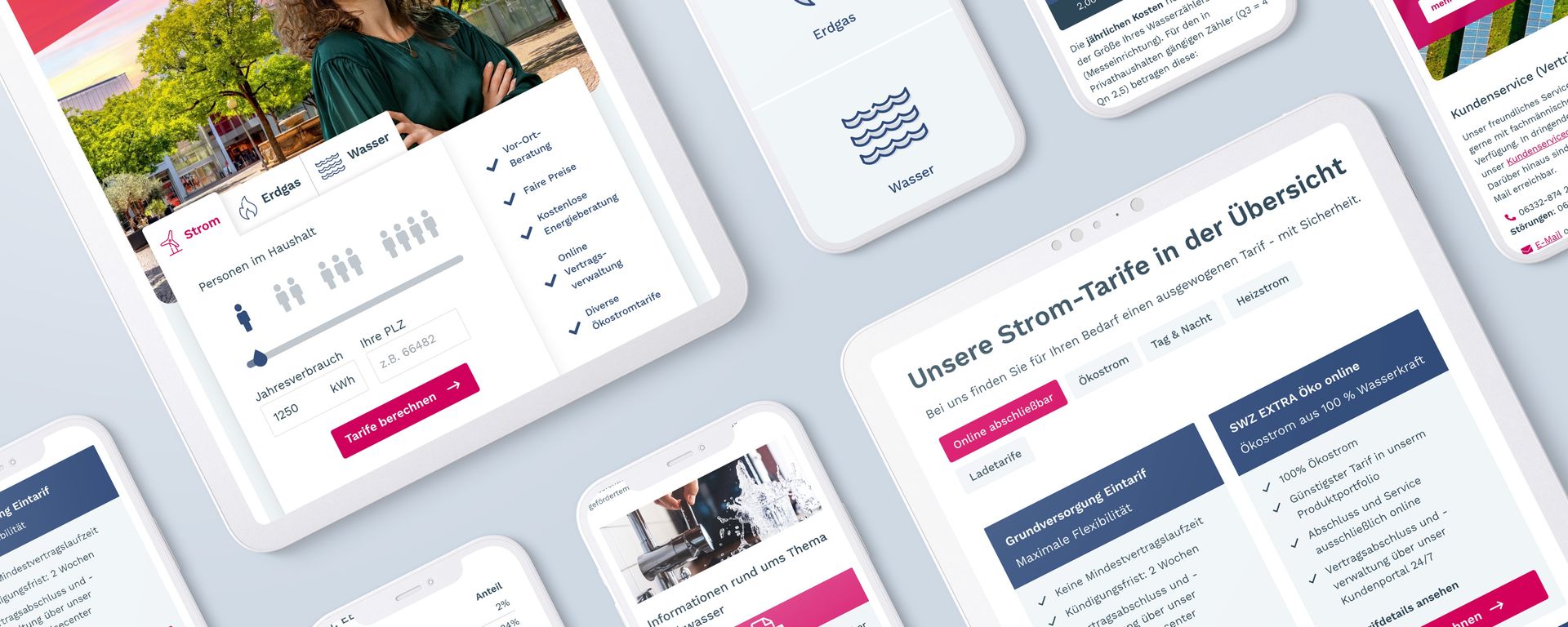 Tablet- und Smartphone Ansichten verschiedener Unterseiten der Stadtwerke Zweibrücken Website.