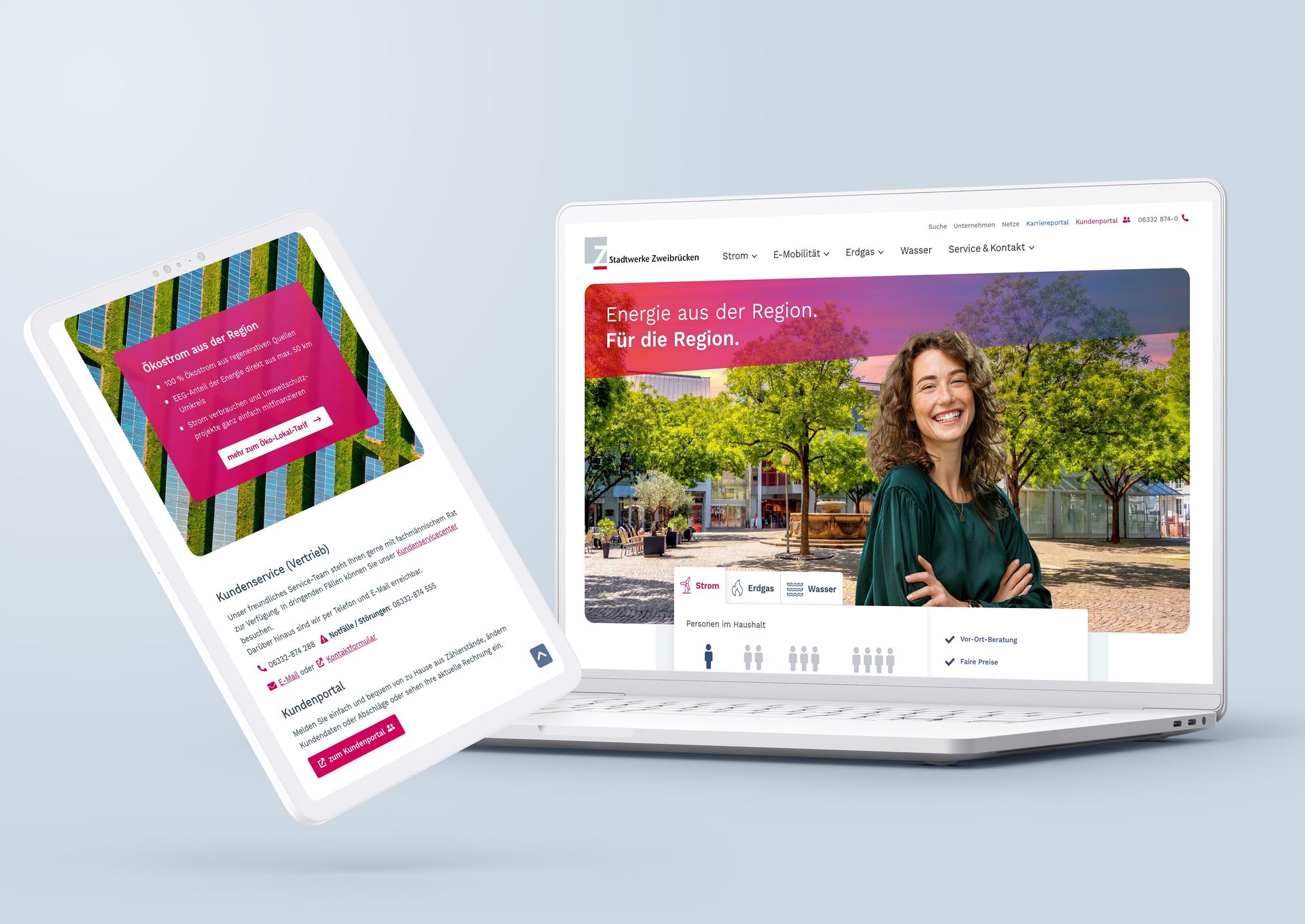 A laptop and tablet showing the Stadtwerke Zweibrücken website homepage, featuring the tariff calculator.