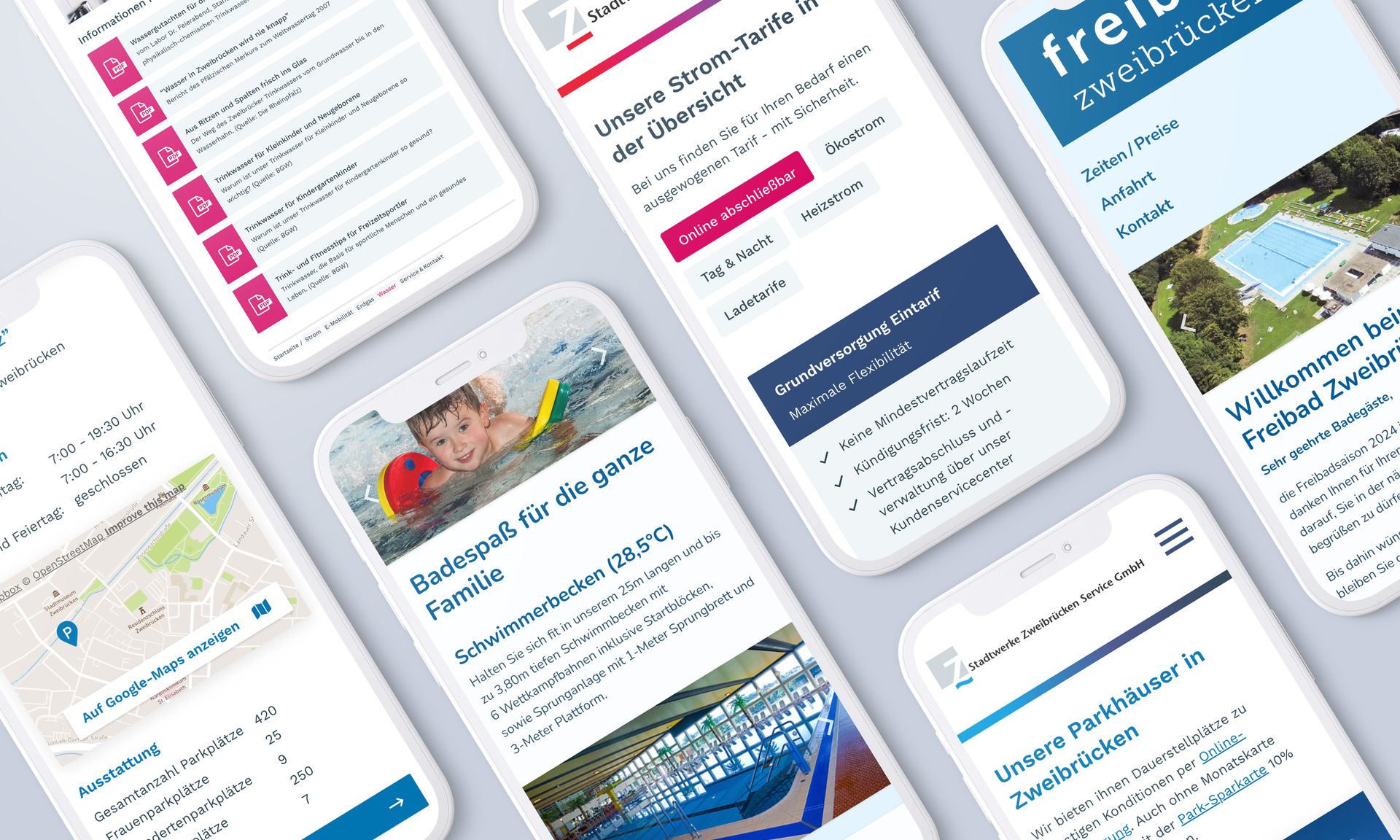 Multiple smartphone views showing various websites belonging to the Stadtwerke, including the swimming pool complex and parking facility websites.