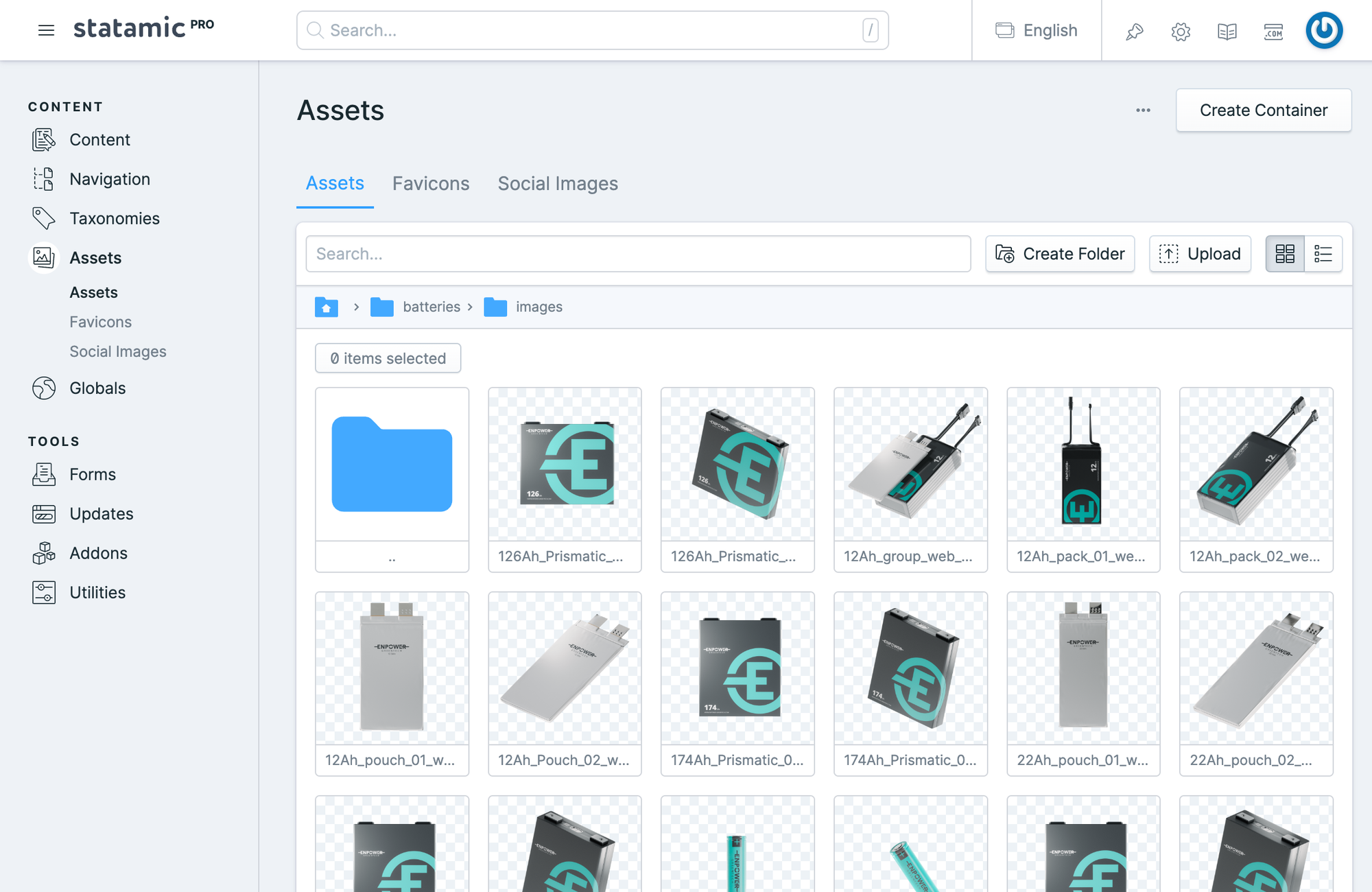 Statamic asset manager with product images of Enpower batteries