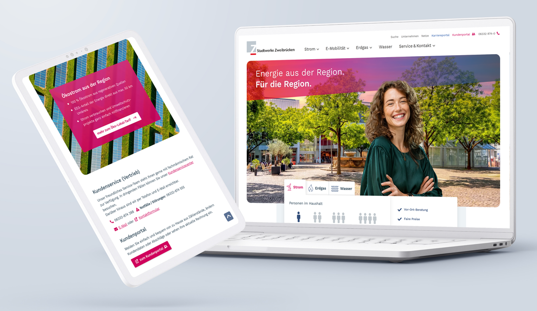 Stadtwerke Zweibrücken Website auf Laptop und Tablet mit Tarifrechner und Ökostrom-Angebot
