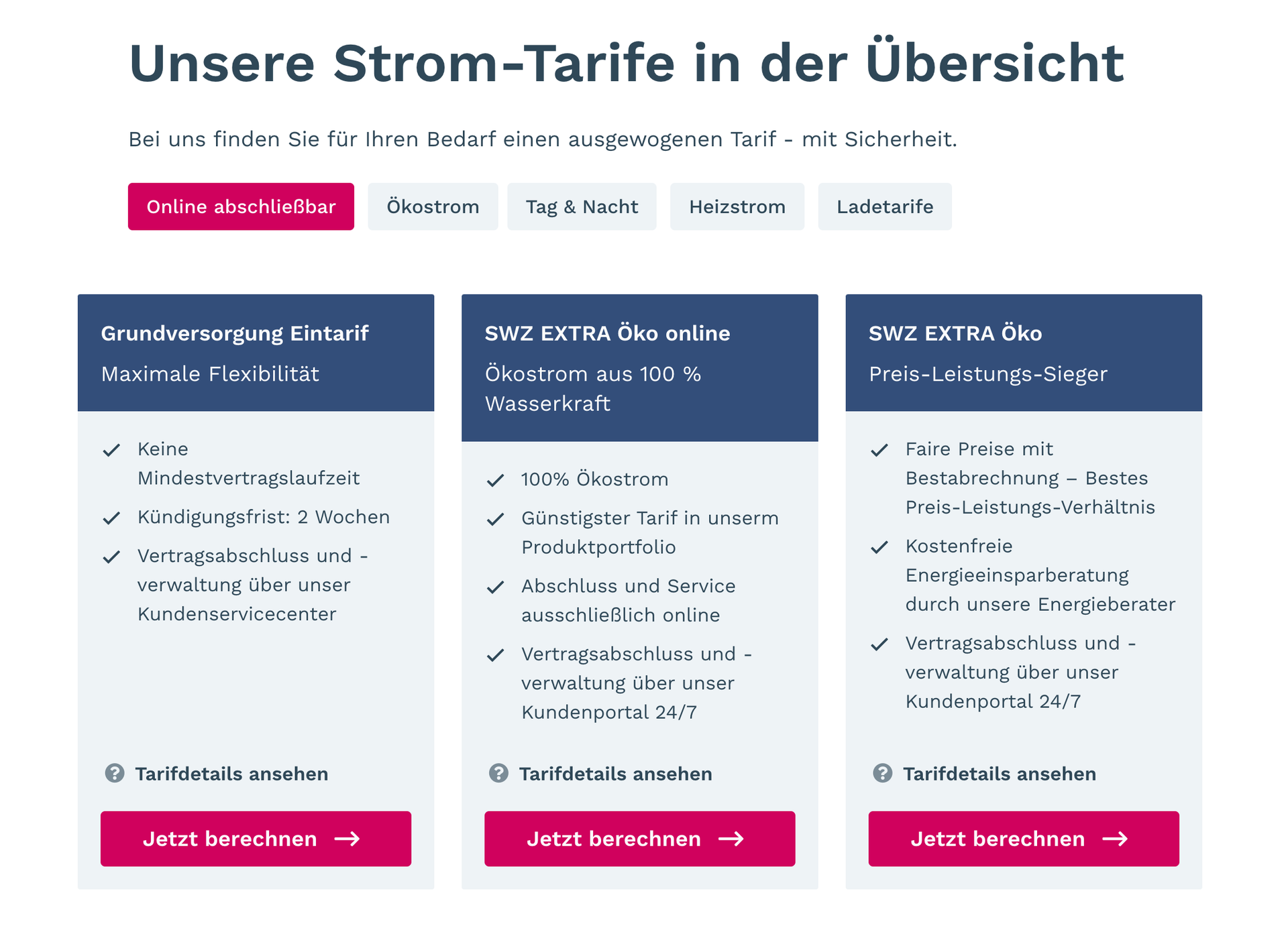 Overview of various tariffs and price structures in the system