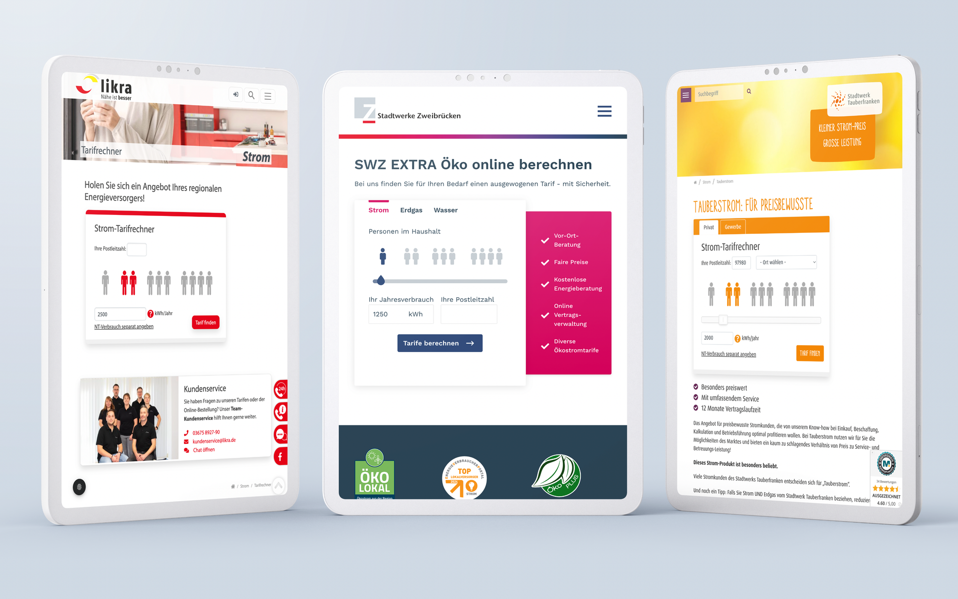 Tablet views of various tariff calculators for utility companies and energy providers