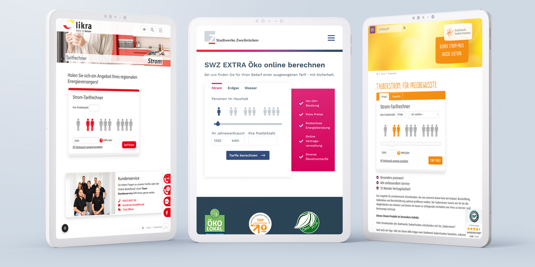 TYPO3 tariff calculator on three tablets for likra, Stadtwerke Zweibrücken and Stadtwerk Tauberfranken
