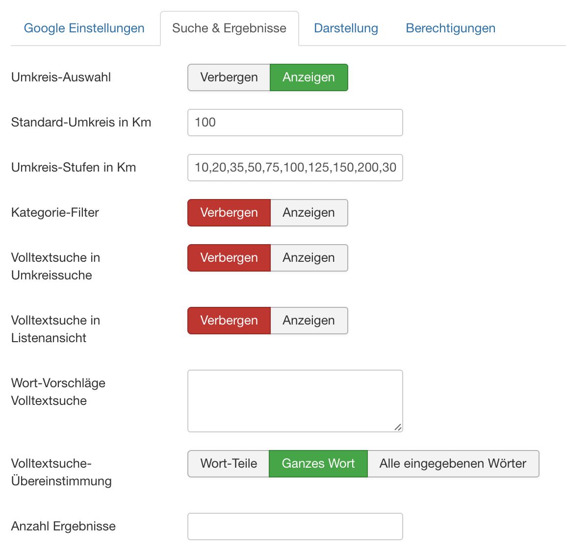Einstellungen der Umkreissuche: Umkreis-Auswahl, Kategorie-Filter und Volltextsuche