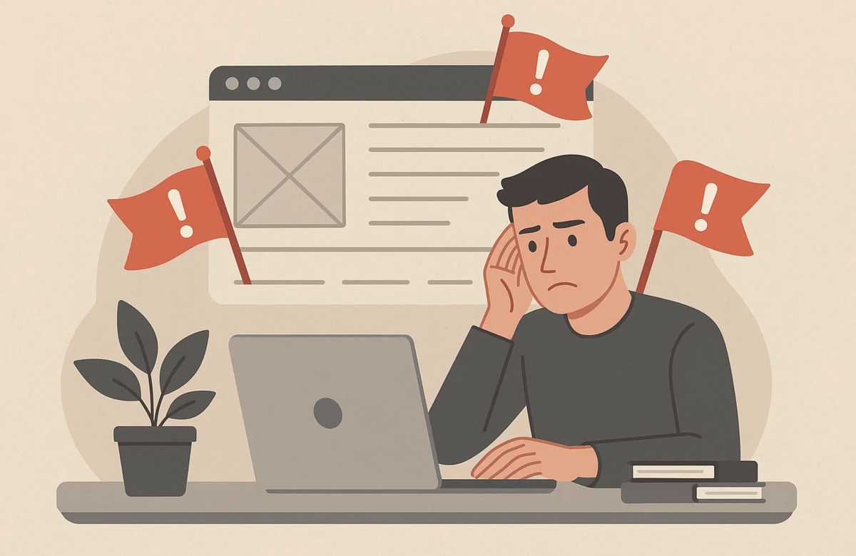 Mann der sich einen Monitor mit darüber schwebenden roten Flaggen ansieht.