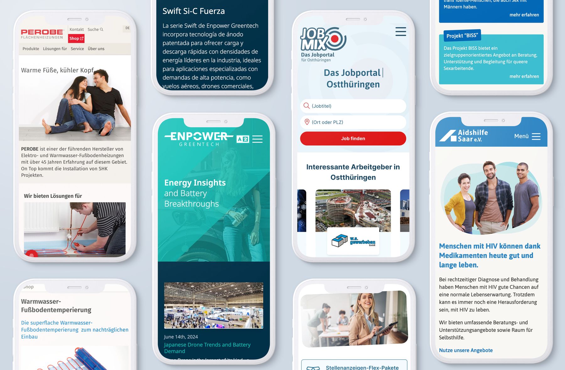 Unterschiedliche Webdesigns auf zahlreichen Smartphones. Z.B. Perobe aus Neunkirchen oder Aidshilfe Saar e.V. aus Saarbrücken.
