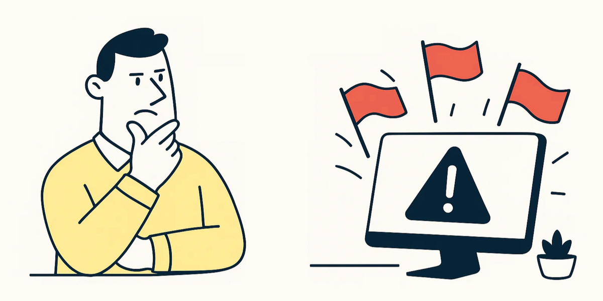 Mann der sich einen Monitor mit darüber schwebenden roten Flaggen ansieht.